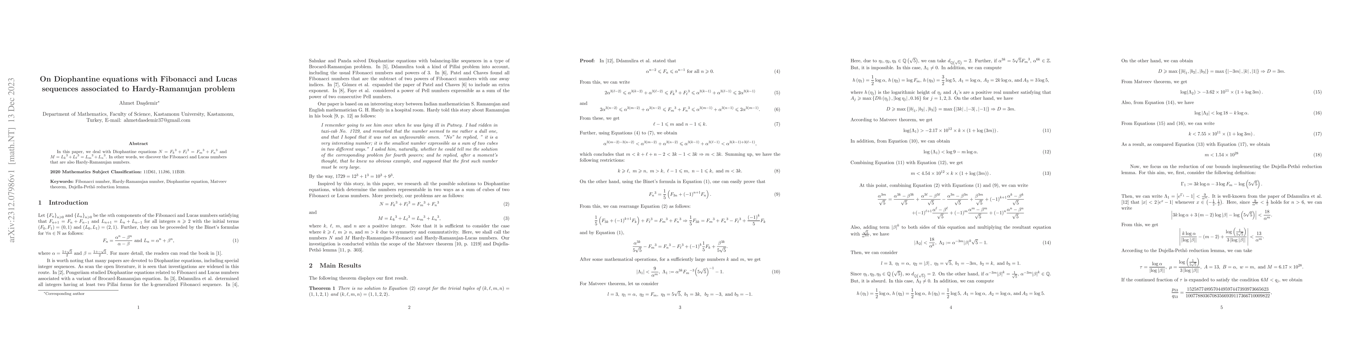Thumbnail for On Diophantine equations with Fibonacci and Lucas sequences associated
  to Hardy-Ramanujan problem