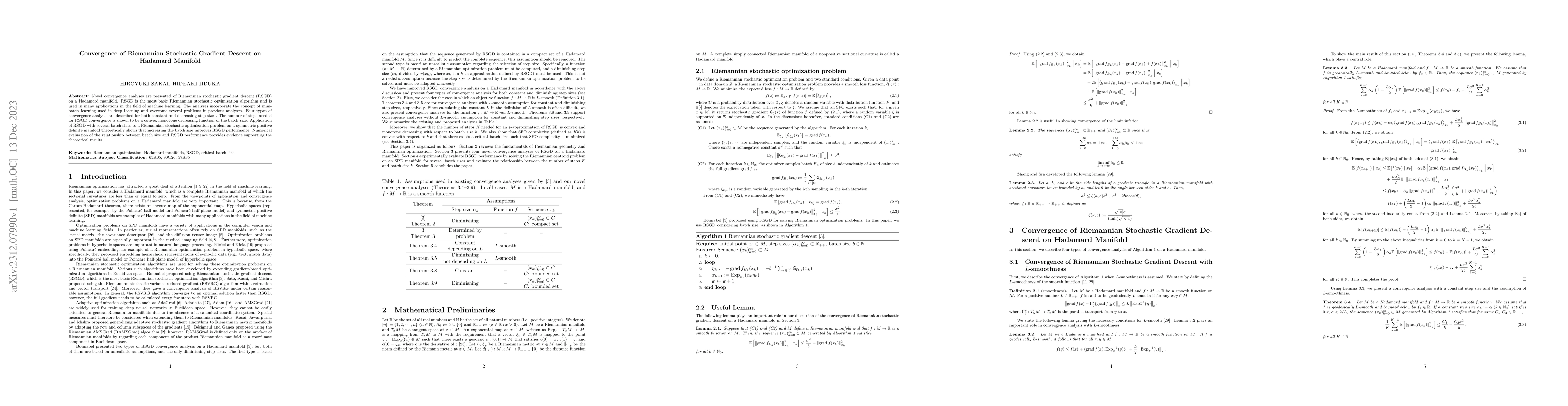 Thumbnail for Convergence of Riemannian Stochastic Gradient Descent on Hadamard
  Manifold