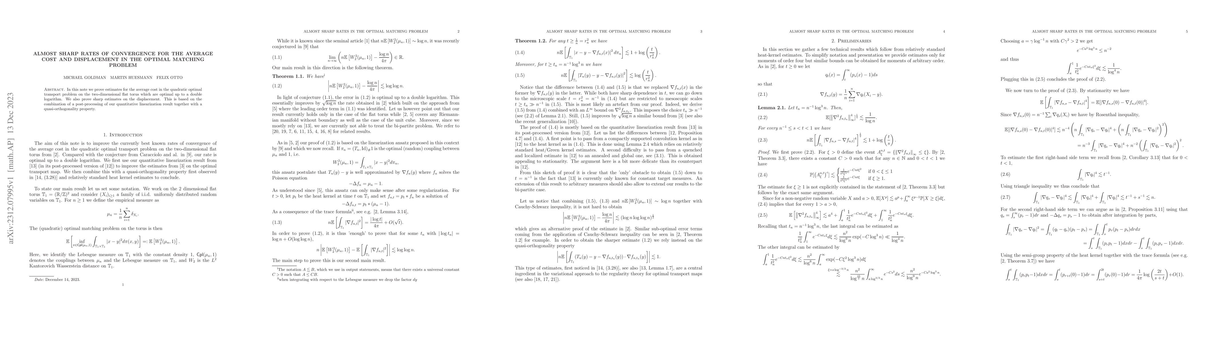 Thumbnail for Almost sharp rates of convergence for the average cost and displacement
  in the optimal matching problem