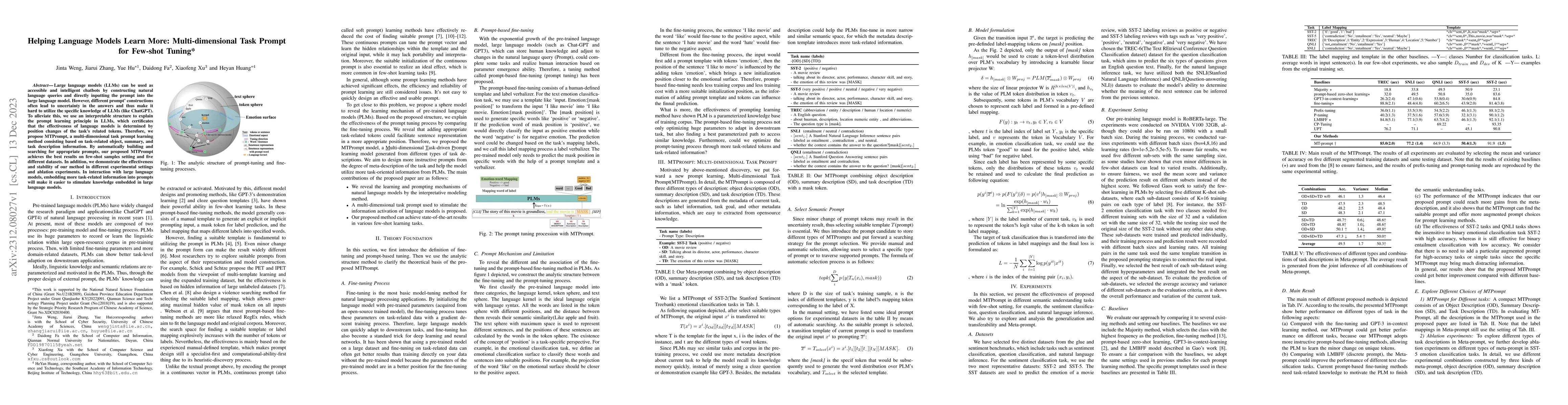 Thumbnail for Helping Language Models Learn More: Multi-dimensional Task Prompt for
  Few-shot Tuning