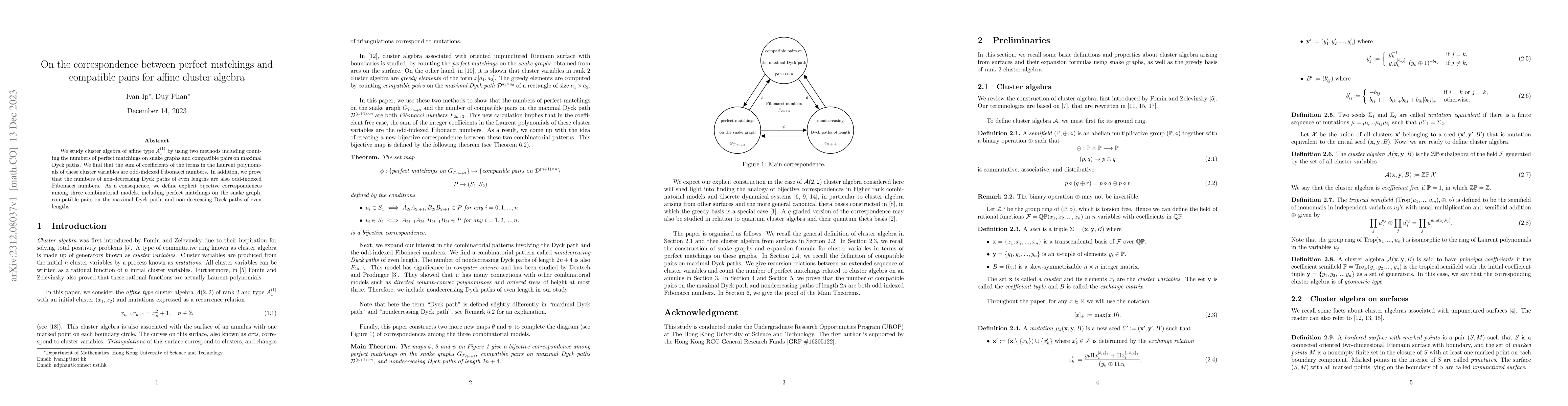 Thumbnail for On the correspondence between perfect matchings and compatible pairs for
  affine cluster algebra
