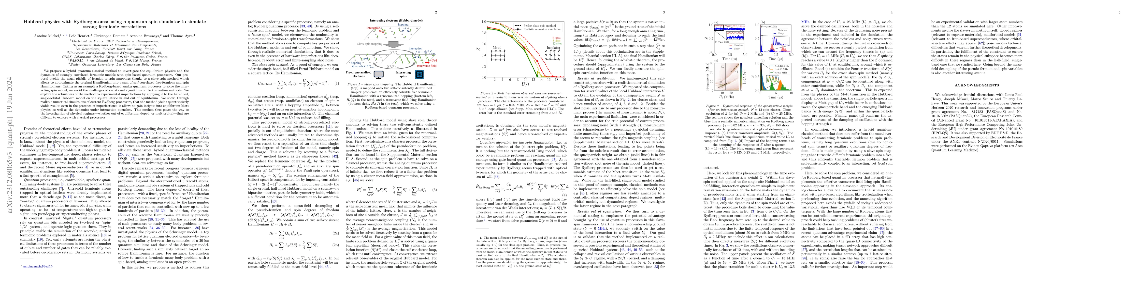 Thumbnail for Hubbard physics with Rydberg atoms: using a quantum spin simulator to
  simulate strong fermionic correlations