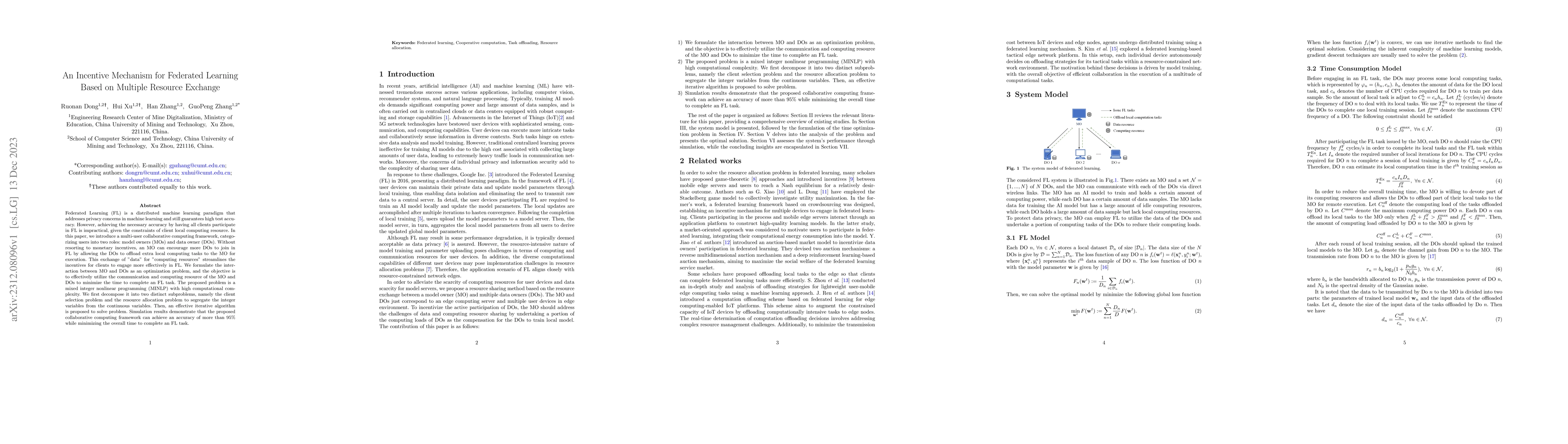 Thumbnail for An Incentive Mechanism for Federated Learning Based on Multiple Resource
  Exchange