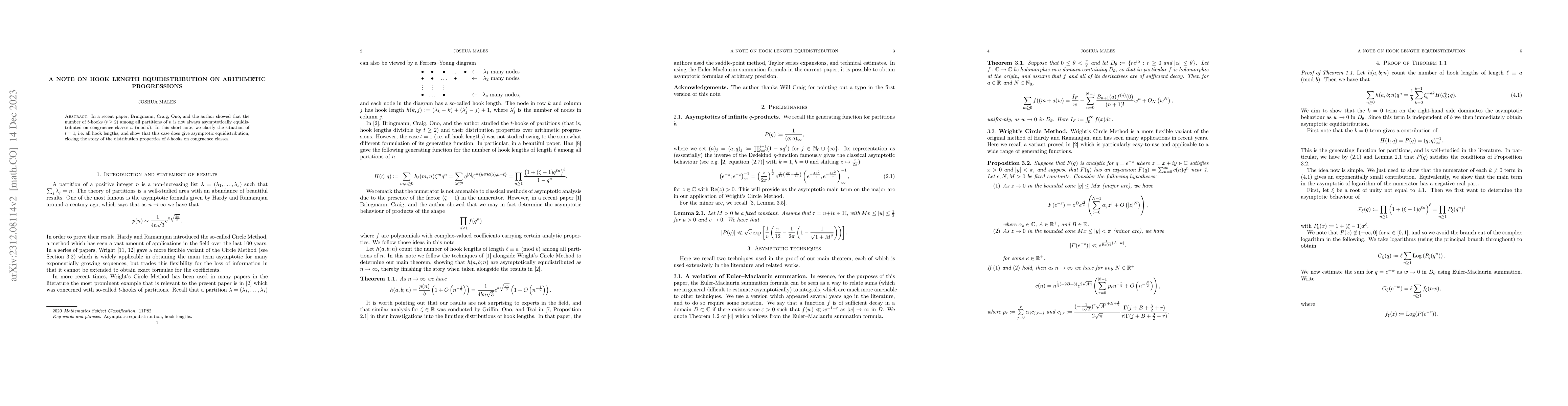 Thumbnail for A note on hook length equidistribution on arithmetic progressions