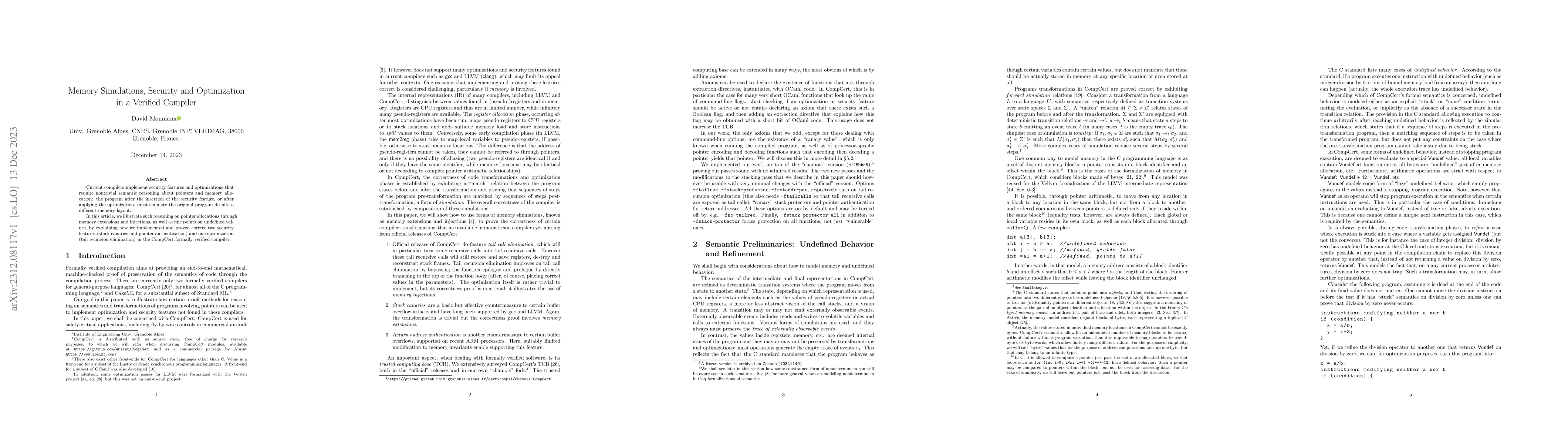 Thumbnail for Memory Simulations, Security and Optimization in a Verified Compiler
