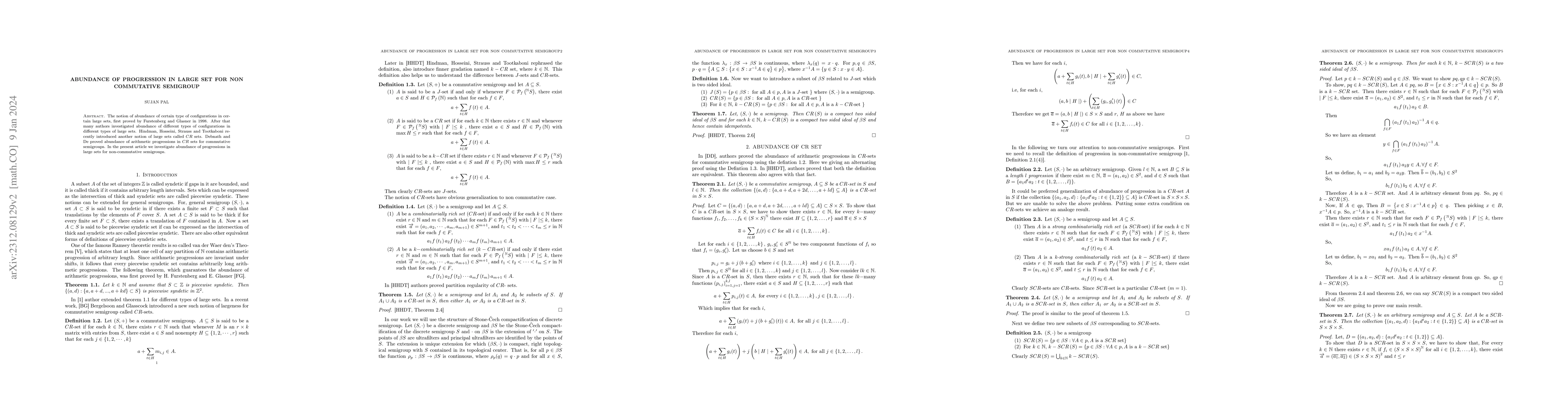 Thumbnail for Abundance of progression in large set for non commutative semigroup