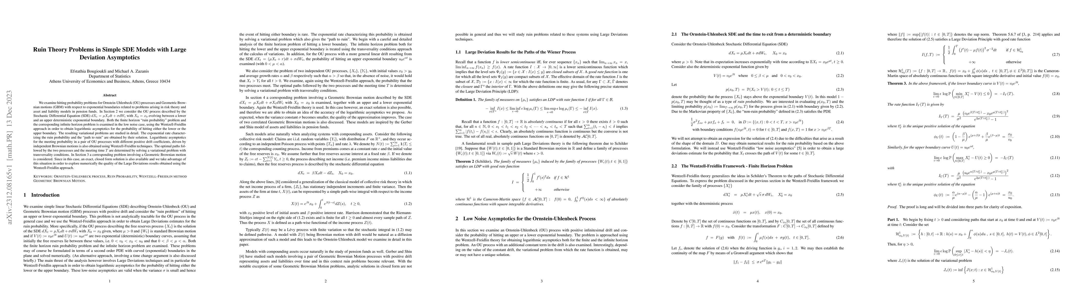 Thumbnail for Ruin Theory Problems in Simple SDE Models with Large Deviation
  Asymptotics
