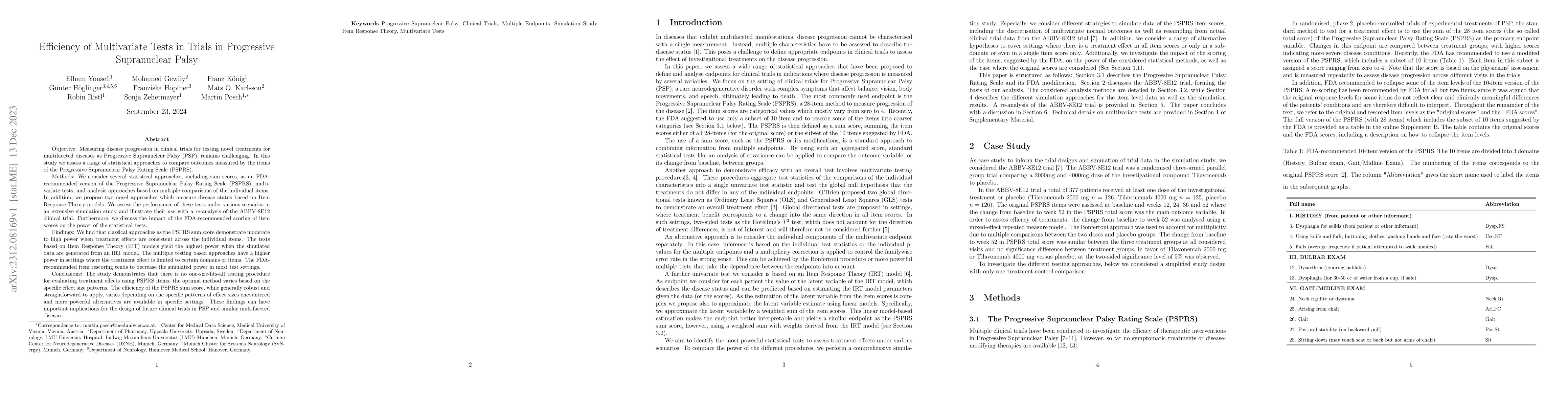 Thumbnail for Efficiency of Multivariate Tests in Trials in Progressive Supranuclear
  Palsy