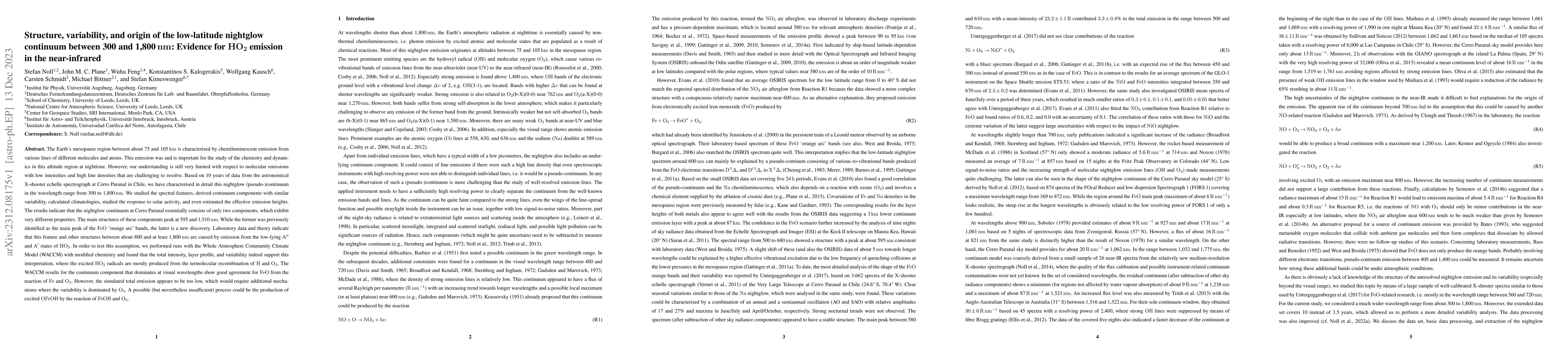 Thumbnail for Structure, variability, and origin of the low-latitude nightglow
  continuum between 300 and 1,800 nm: Evidence for HO$_2$ emission in the
  near-infrared