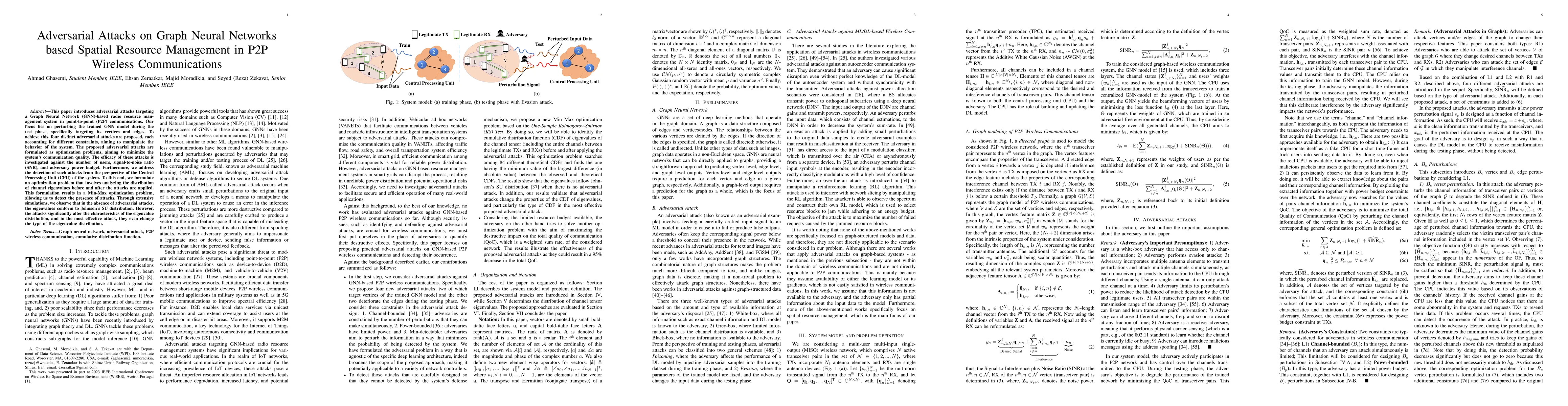 Thumbnail for Adversarial Attacks on Graph Neural Networks based Spatial Resource
  Management in P2P Wireless Communications
