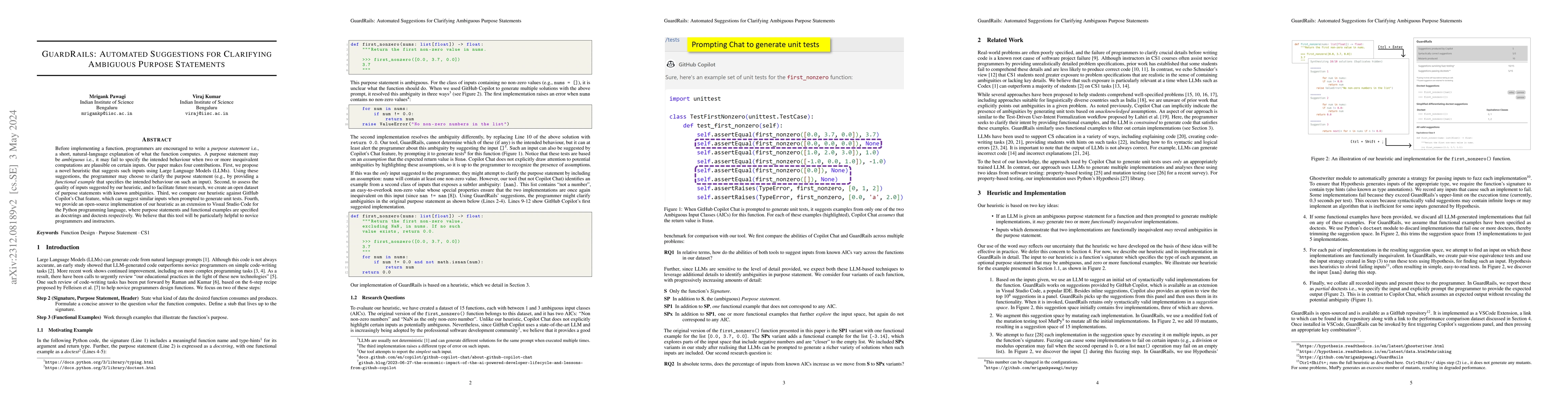 Thumbnail for GuardRails: Automated Suggestions for Clarifying Ambiguous Purpose
  Statements
