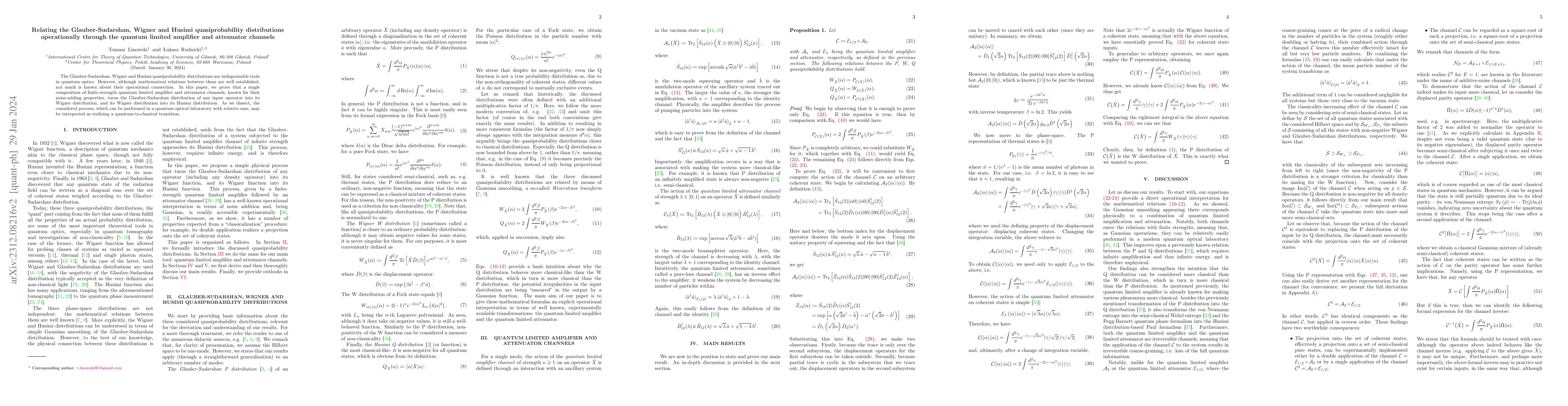 Thumbnail for Relating the Glauber-Sudarshan, Wigner and Husimi quasiprobability
  distributions operationally through the quantum limited amplifier and
  attenuator channels