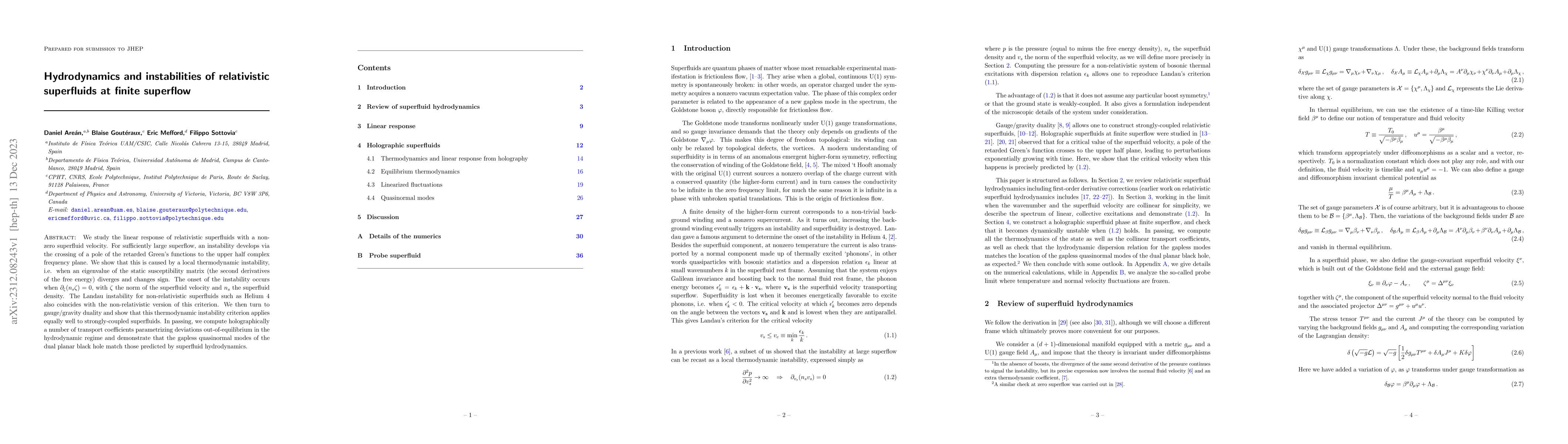 Thumbnail for Hydrodynamics and instabilities of relativistic superfluids at finite
  superflow