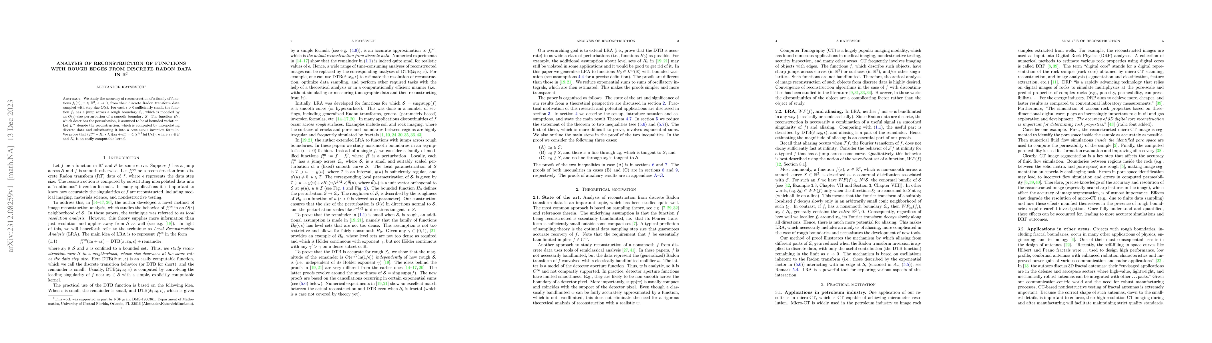 Thumbnail for Analysis of reconstruction of functions with rough edges from discrete
  Radon data in $\mathbb R^2$