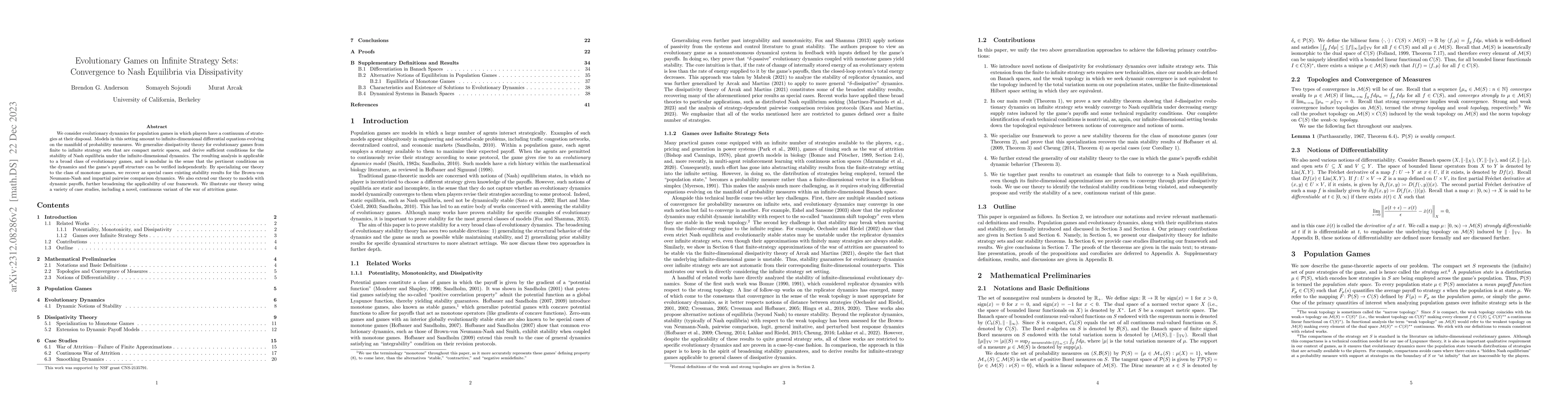 Thumbnail for Evolutionary Games on Infinite Strategy Sets: Convergence to Nash
  Equilibria via Dissipativity