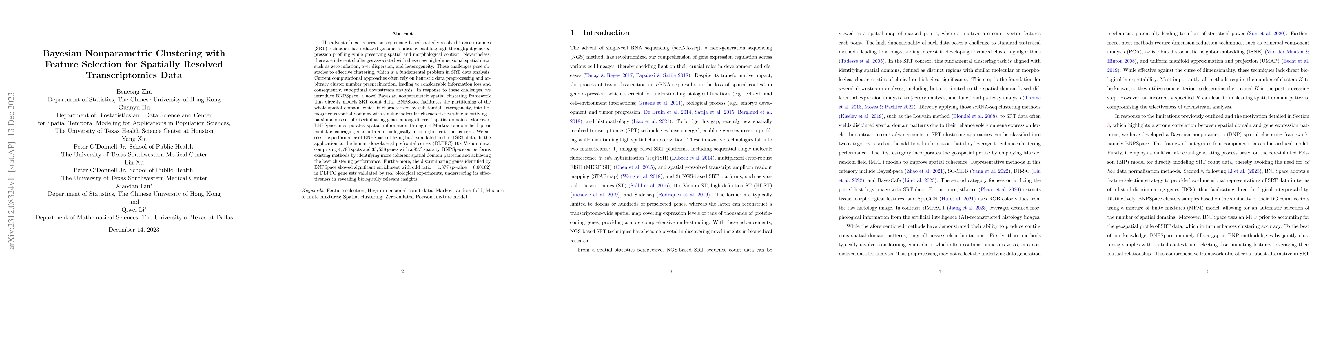 Thumbnail for Bayesian Nonparametric Clustering with Feature Selection for Spatially
  Resolved Transcriptomics Data
