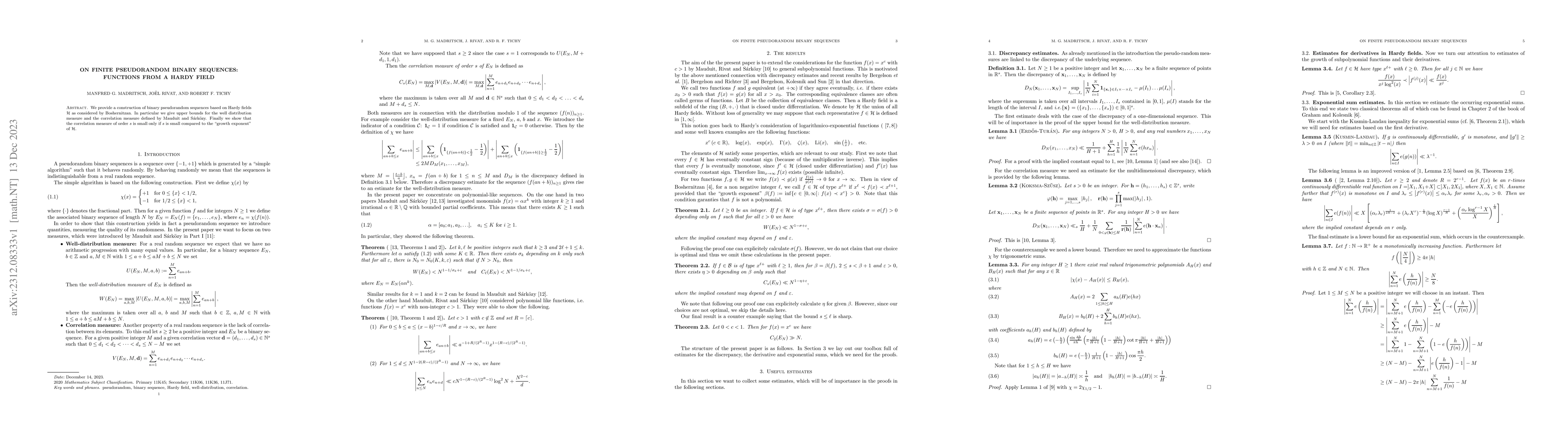 Thumbnail for On Finite Pseudorandom Binary Sequences: Functions from a Hardy field