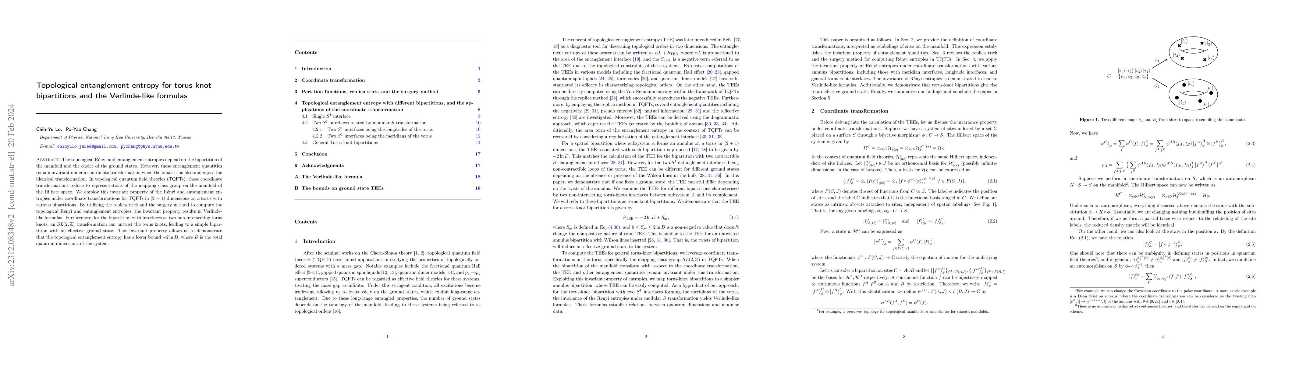 Thumbnail for Topological entanglement entropy for torus knot bipartitions and the
  Verlinde-like formulas