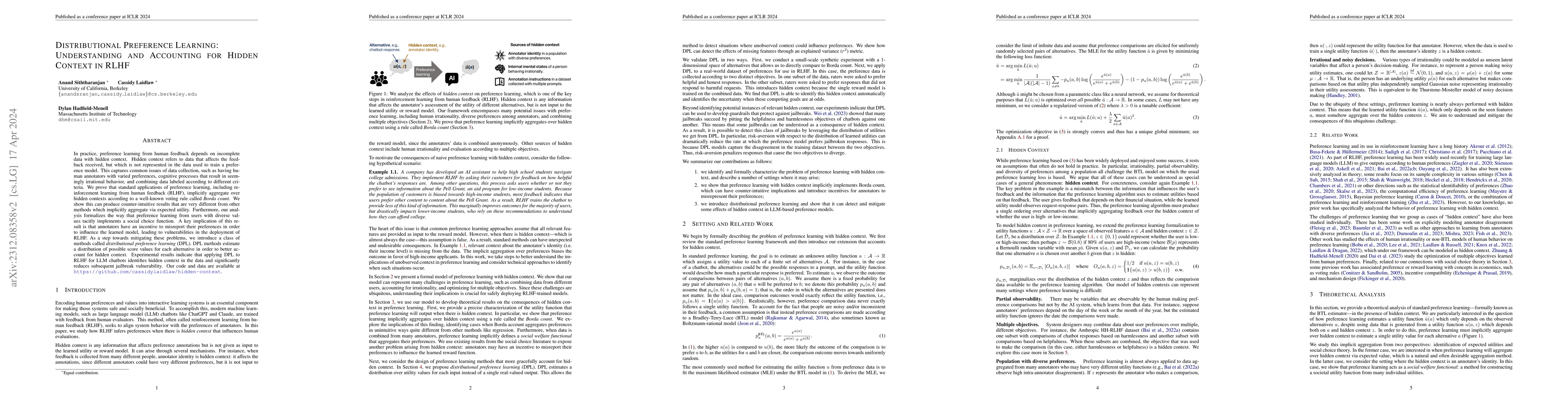 Thumbnail for Distributional Preference Learning: Understanding and Accounting for
  Hidden Context in RLHF