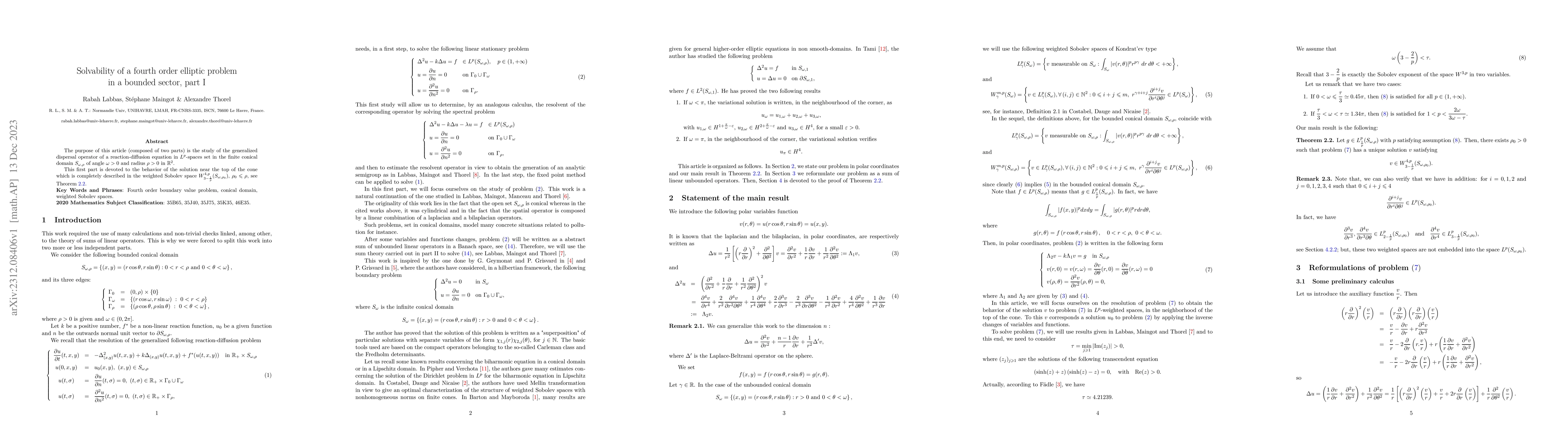 Thumbnail for Solvability of a fourth order elliptic problem in a bounded sector, part
  I