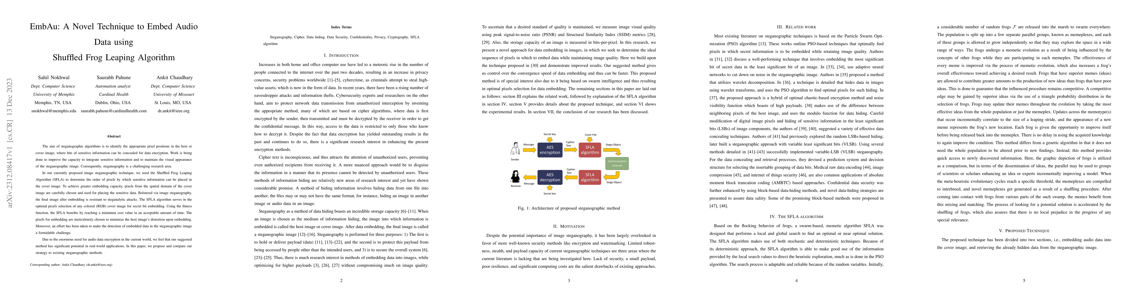 Thumbnail for EmbAu: A Novel Technique to Embed Audio Data Using Shuffled Frog Leaping
  Algorithm