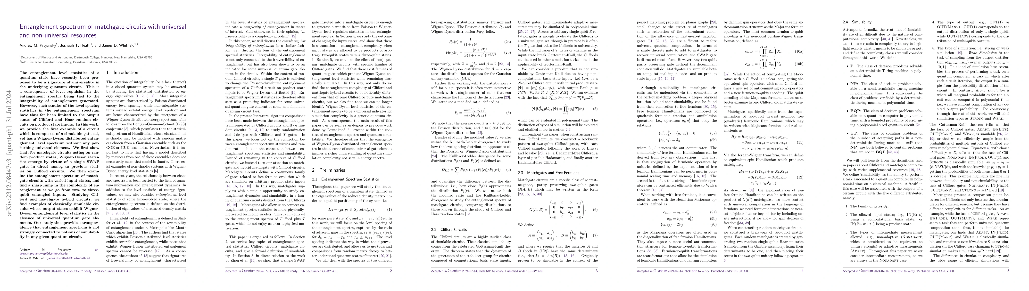 Thumbnail for Entanglement spectrum of matchgate circuits with universal and
  non-universal resources