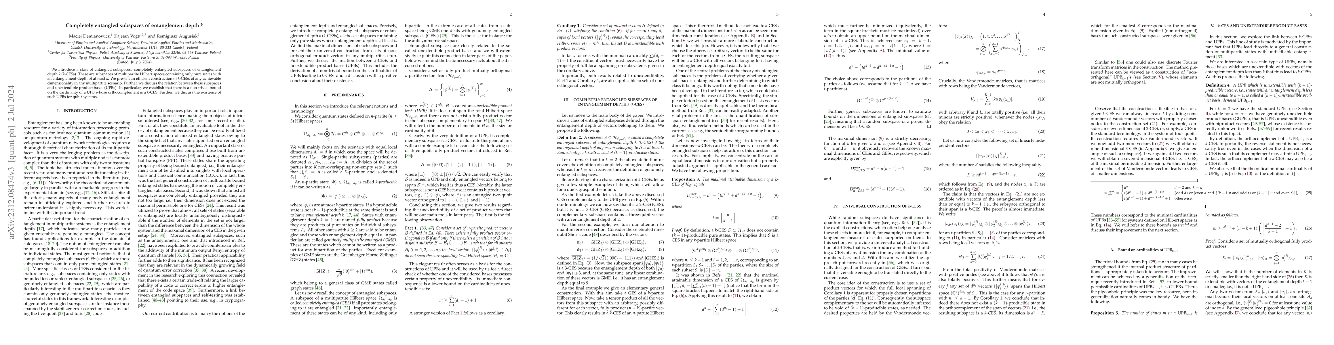 Thumbnail for Completely entangled subspaces of entanglement depth $k$