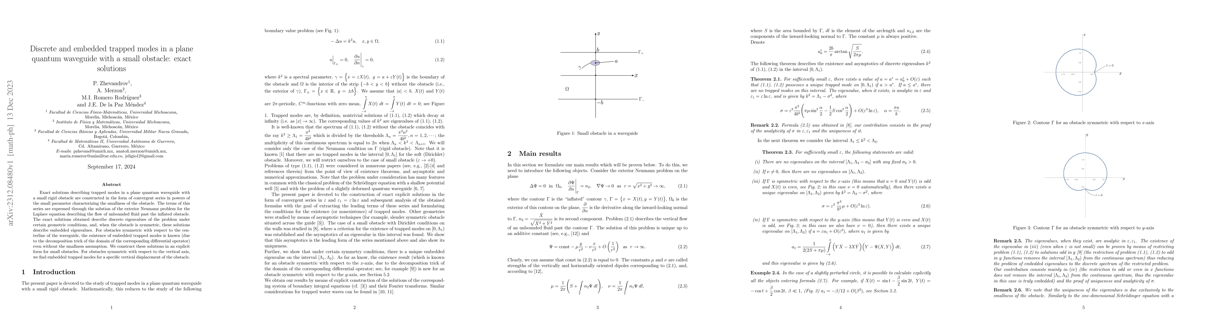 Thumbnail for Discrete and embedded trapped modes in a plane quantum waveguide with a
  small obstacle: exact solutions