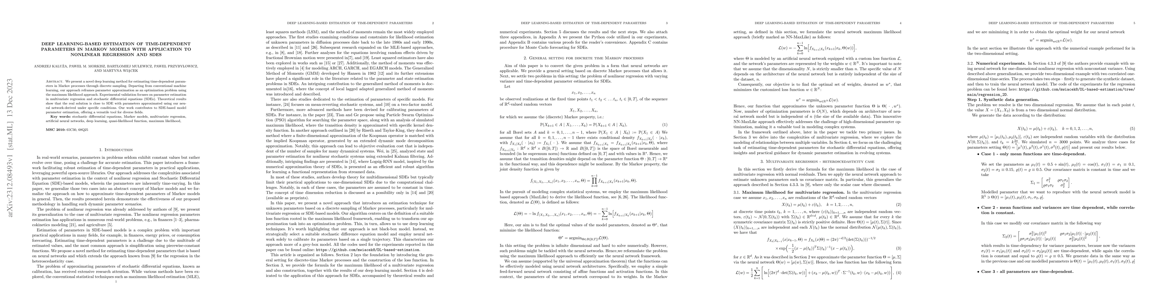 Thumbnail for Deep learning-based estimation of time-dependent parameters in Markov
  models with application to nonlinear regression and SDEs