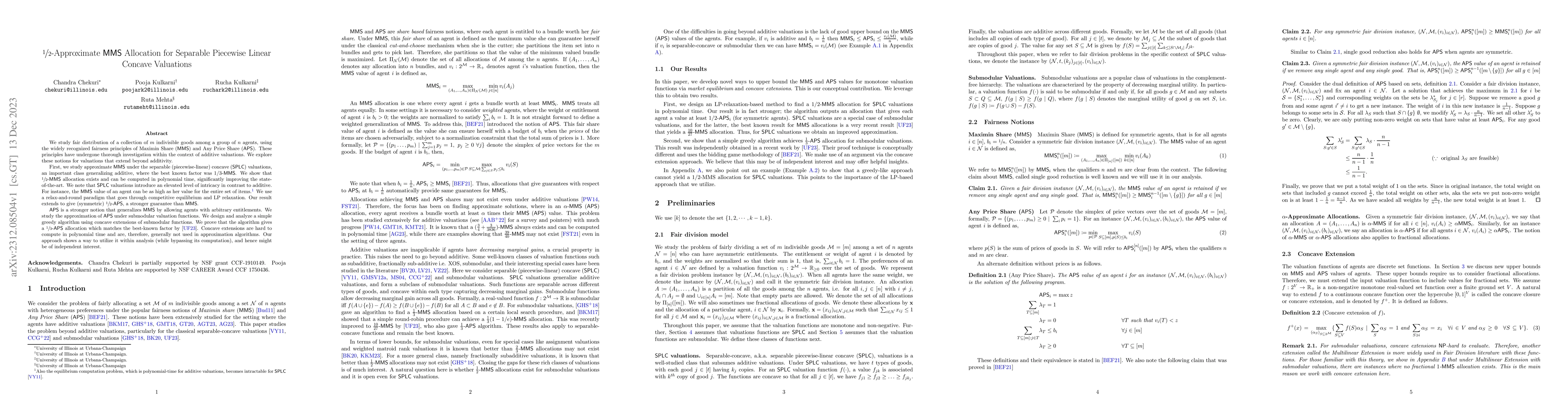 Thumbnail for 1/2 Approximate MMS Allocation for Separable Piecewise Linear Concave
  Valuations