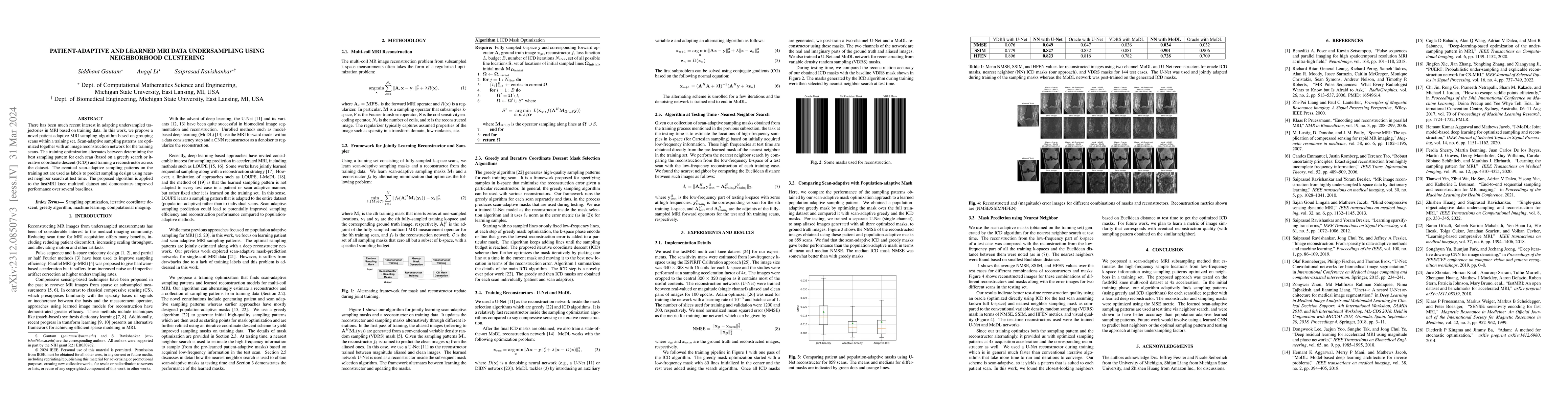 Thumbnail for Patient-Adaptive and Learned MRI Data Undersampling Using Neighborhood
  Clustering