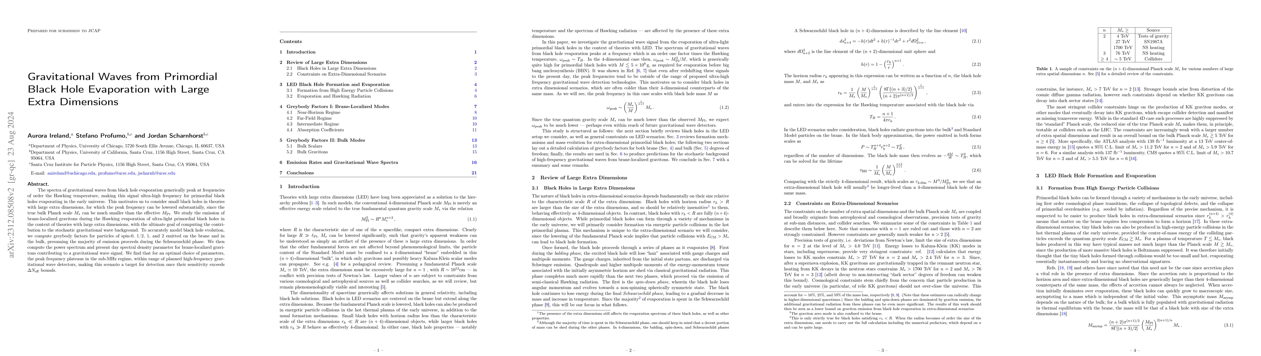 Thumbnail for Gravitational Waves from Primordial Black Hole Evaporation with Large
  Extra Dimensions