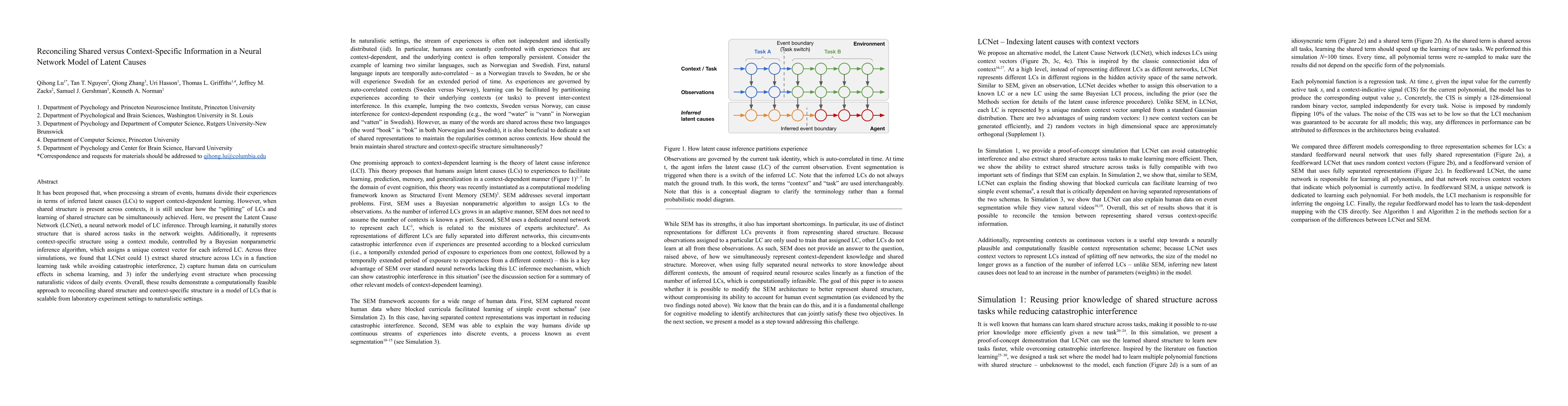 Thumbnail for Reconciling Shared versus Context-Specific Information in a Neural
  Network Model of Latent Causes