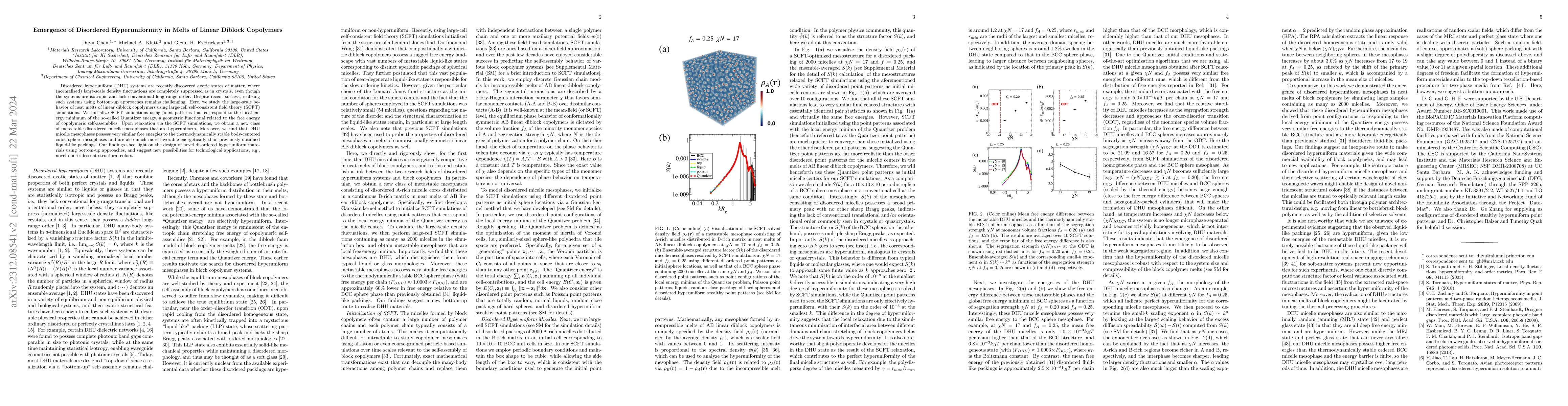 Thumbnail for Emergence of Disordered Hyperuniformity in Melts of Linear Diblock
  Copolymers