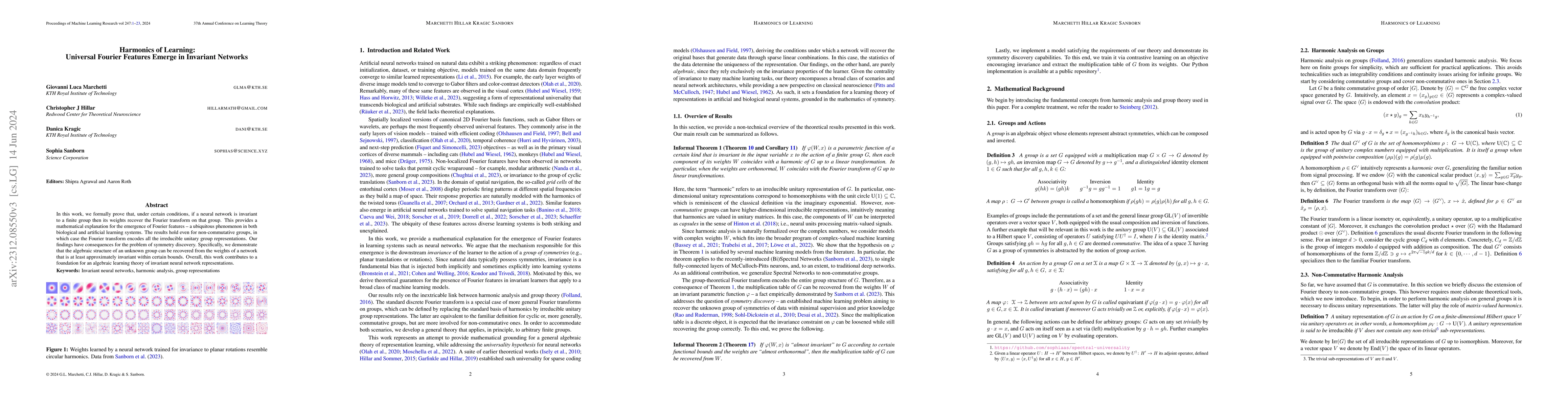 Thumbnail for Harmonics of Learning: Universal Fourier Features Emerge in Invariant
  Networks