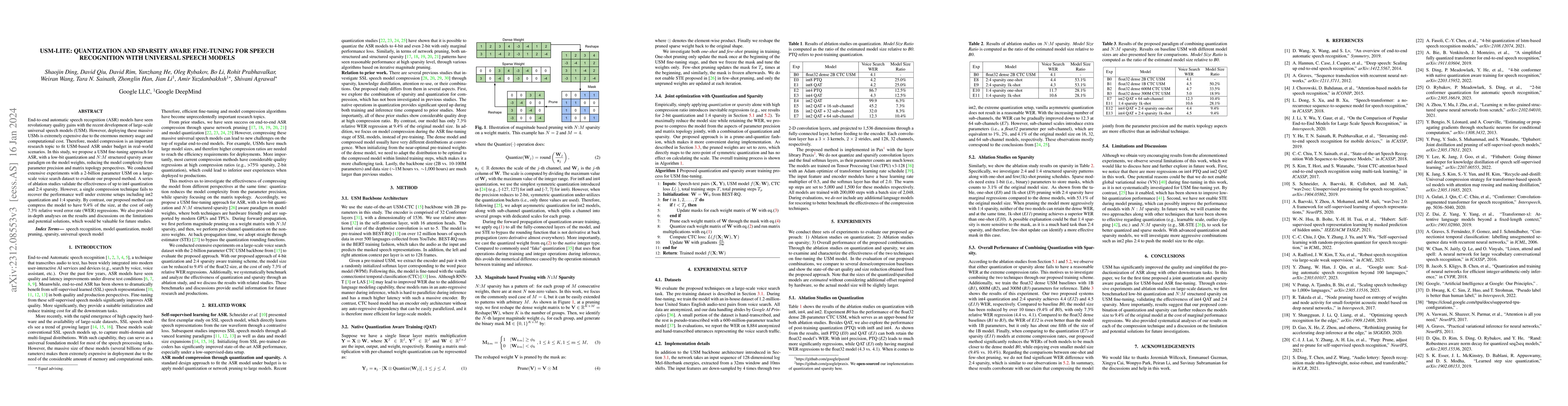 Thumbnail for USM-Lite: Quantization and Sparsity Aware Fine-tuning for Speech
  Recognition with Universal Speech Models