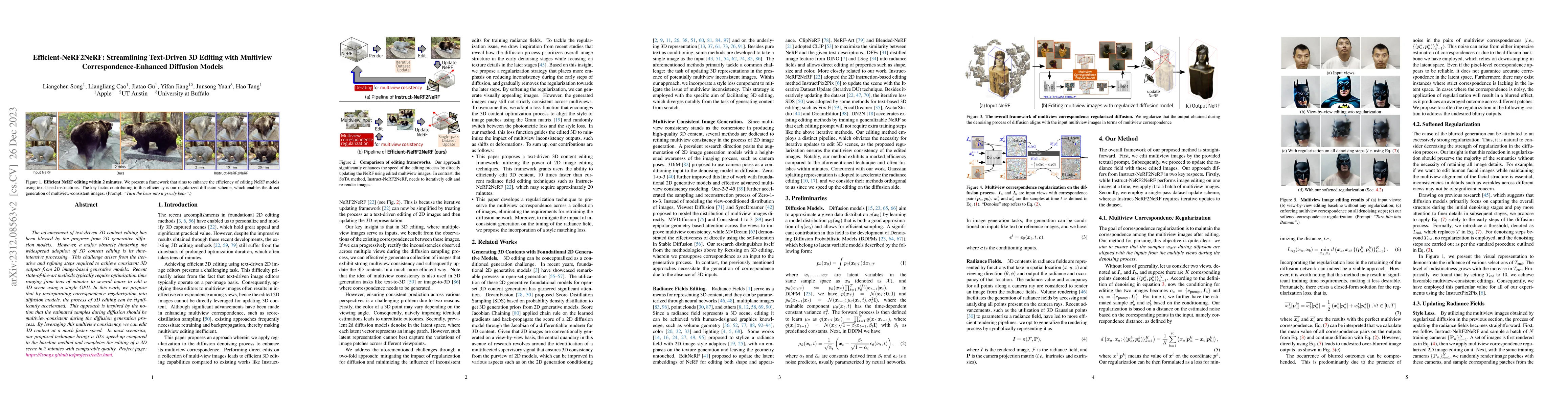 Thumbnail for Efficient-NeRF2NeRF: Streamlining Text-Driven 3D Editing with Multiview
  Correspondence-Enhanced Diffusion Models