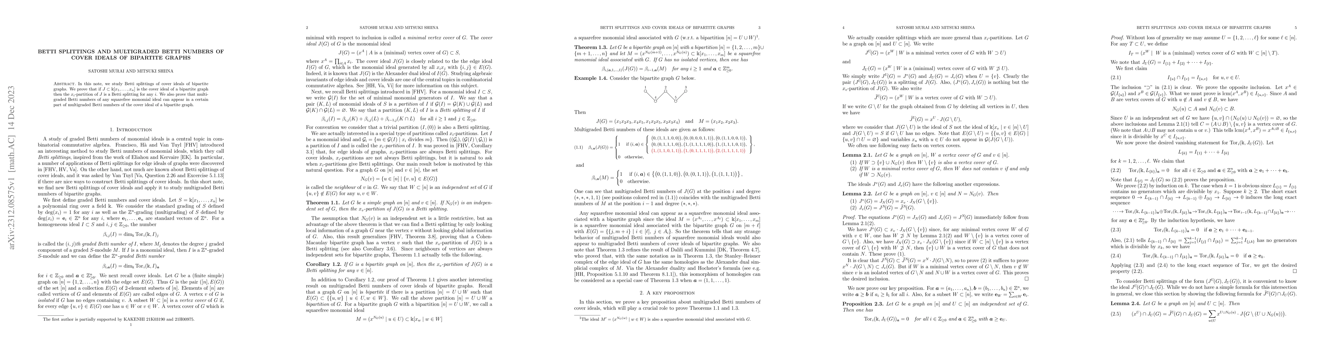 Thumbnail for Betti splittings and multigraded Betti numbers of cover ideals of
  bipartite graphs