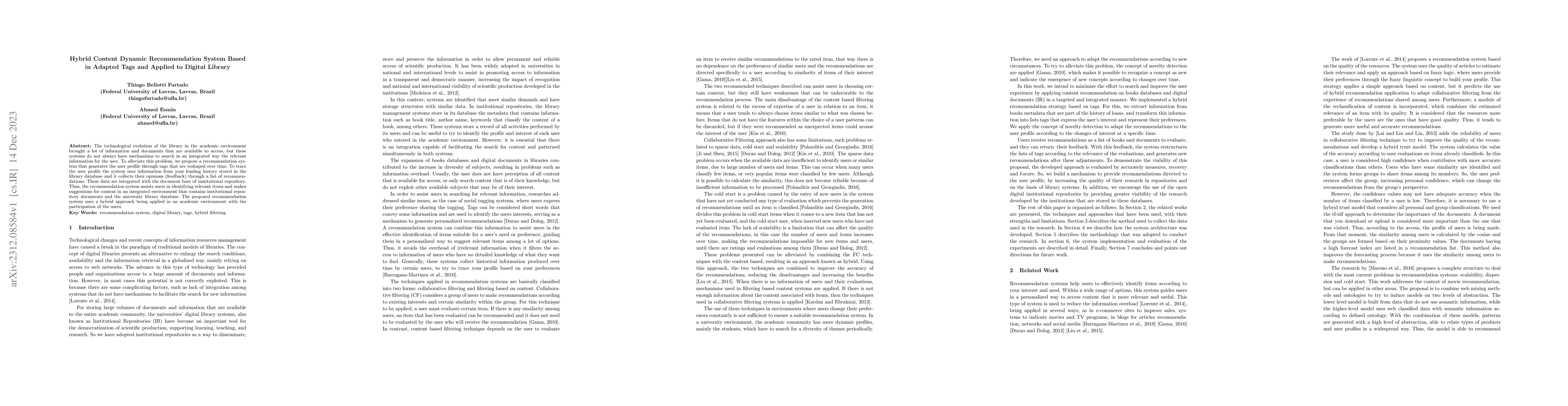 Thumbnail for Hybrid Content Dynamic Recommendation System Based in Adapted Tags and
  Applied to Digital Library