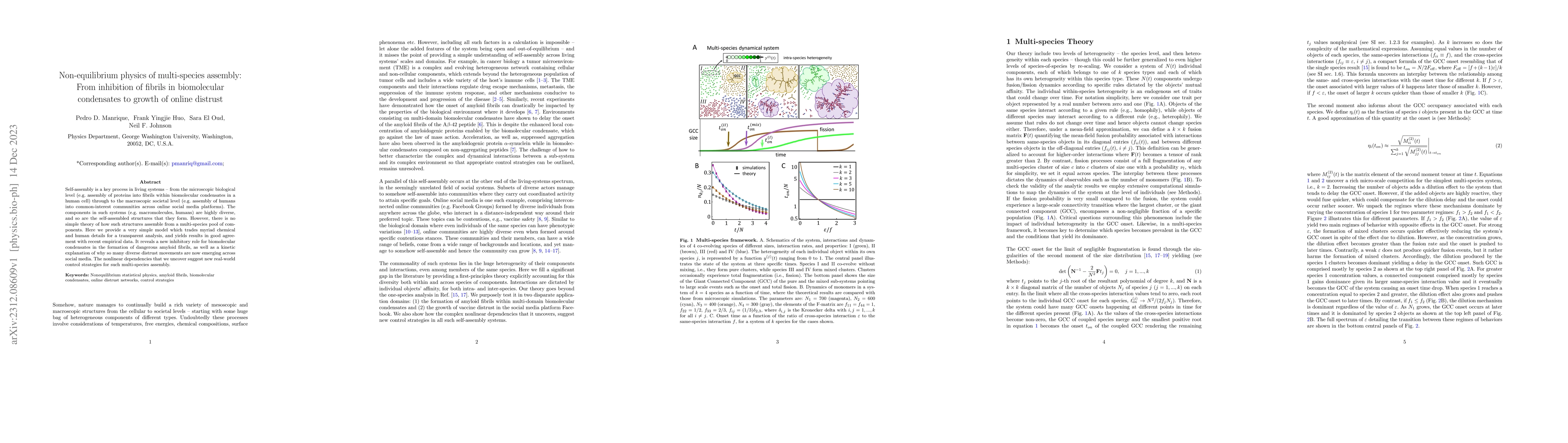 Thumbnail for Non-equilibrium physics of multi-species assembly: From inhibition of
  fibrils in biomolecular condensates to growth of online distrust