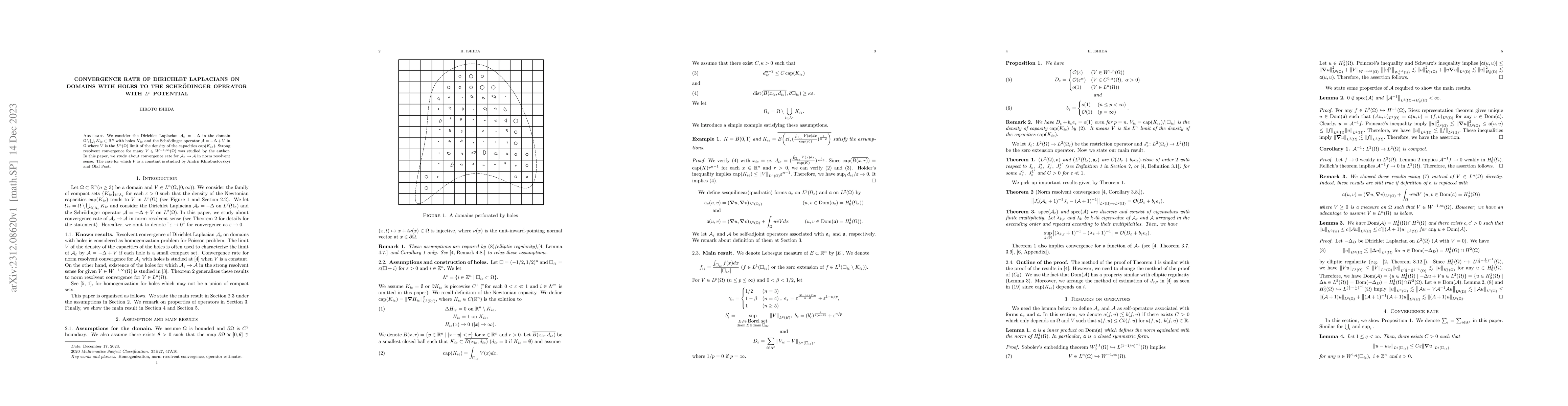 Thumbnail for Convergence rate of Dirichlet Laplacians on domains with holes to the
  Schr\"{o}dinger operator with $L^p$ potential