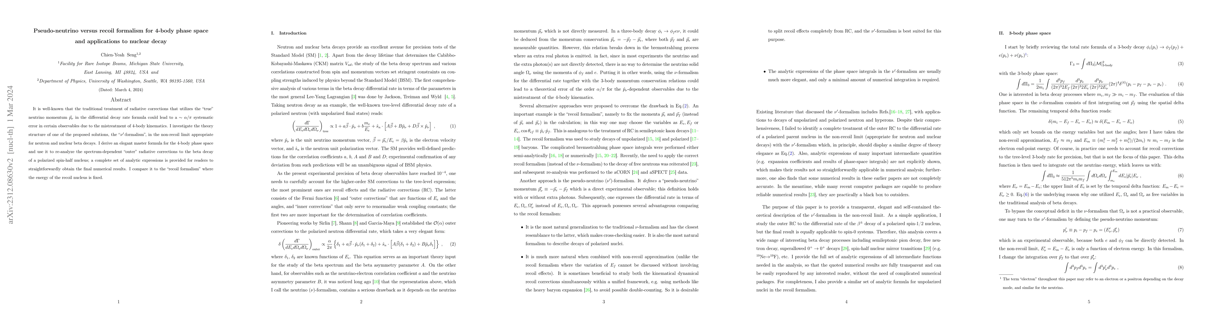 Thumbnail for Pseudo-neutrino versus recoil formalism for 4-body phase space and
  applications to nuclear decay