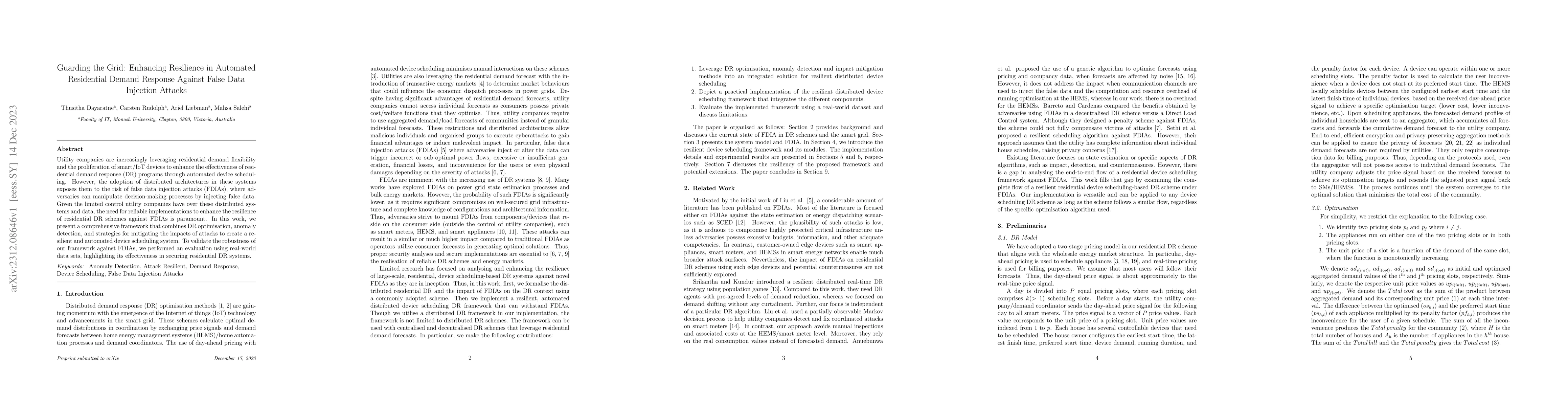 Thumbnail for Guarding the Grid: Enhancing Resilience in Automated Residential Demand
  Response Against False Data Injection Attacks