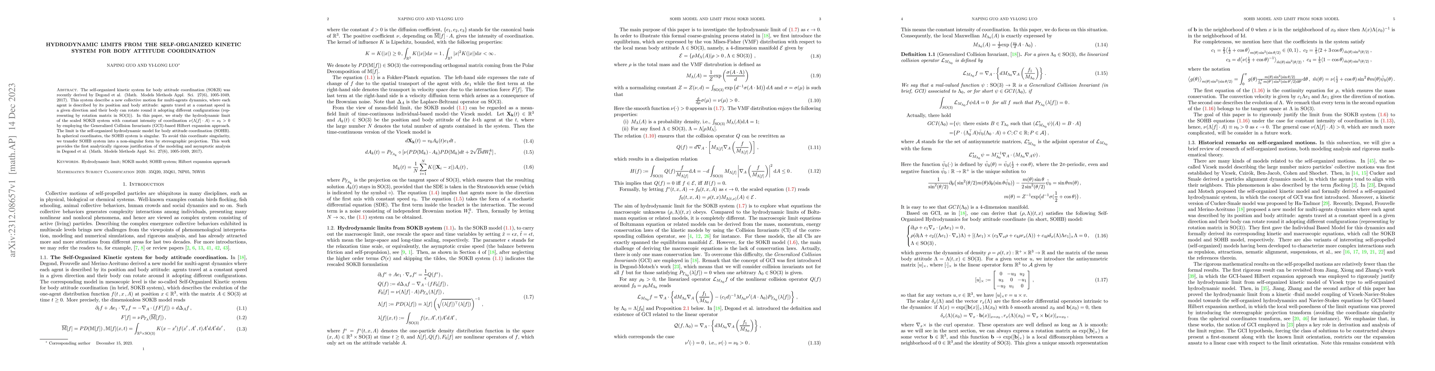 Thumbnail for Hydrodynamic limits from the self-organized kinetic system for body
  attitude coordination