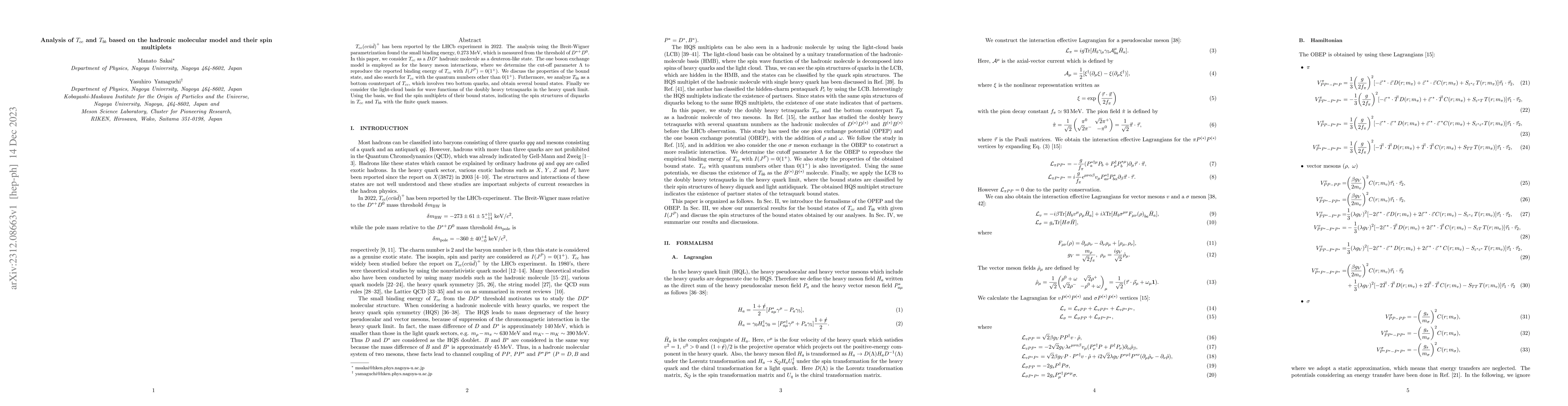 Thumbnail for Analysis of $T_{cc}$ and $T_{bb}$ based on the hadronic molecular model
  and their spin multiplets