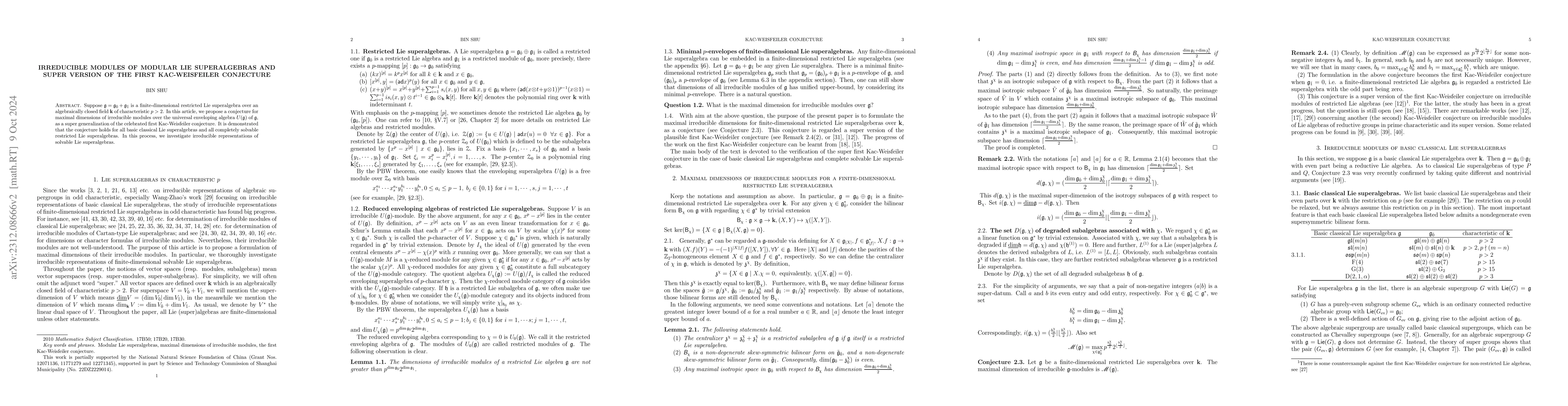 Thumbnail for Irreducible modules of modular Lie superalgebras and super version of
  the first Kac-Weisfeiler conjecture