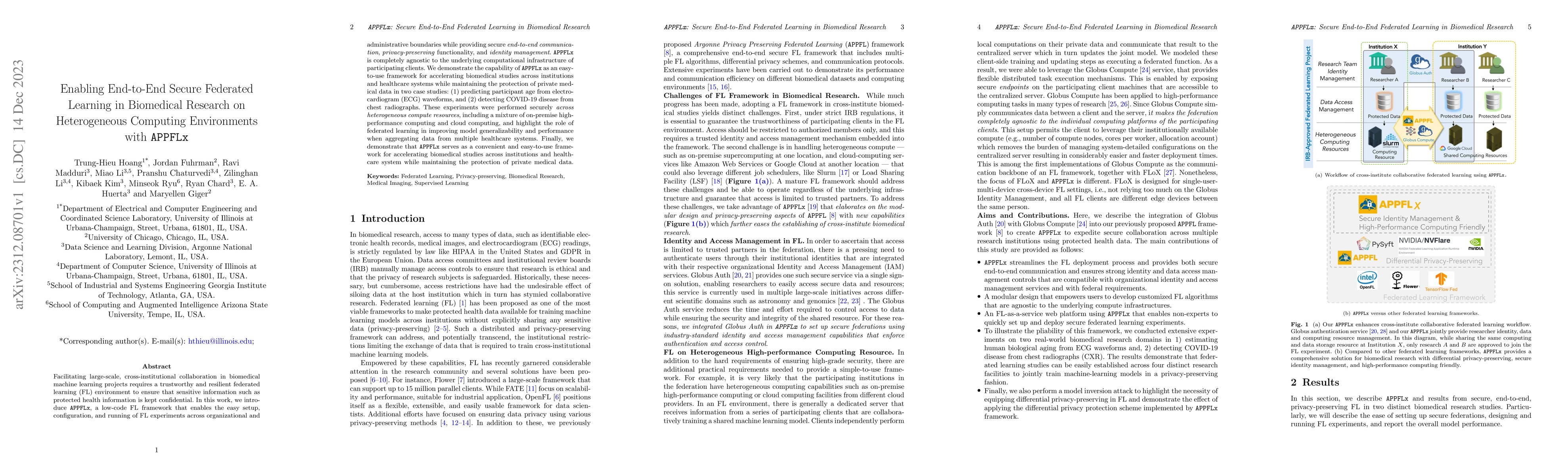 Thumbnail for Enabling End-to-End Secure Federated Learning in Biomedical Research on
  Heterogeneous Computing Environments with APPFLx
