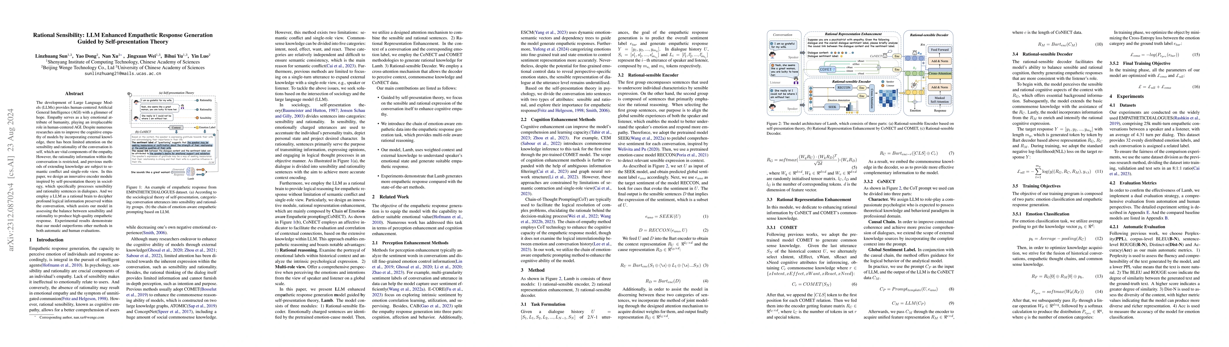 Thumbnail for Rational Sensibility: LLM Enhanced Empathetic Response Generation Guided
  by Self-presentation Theory