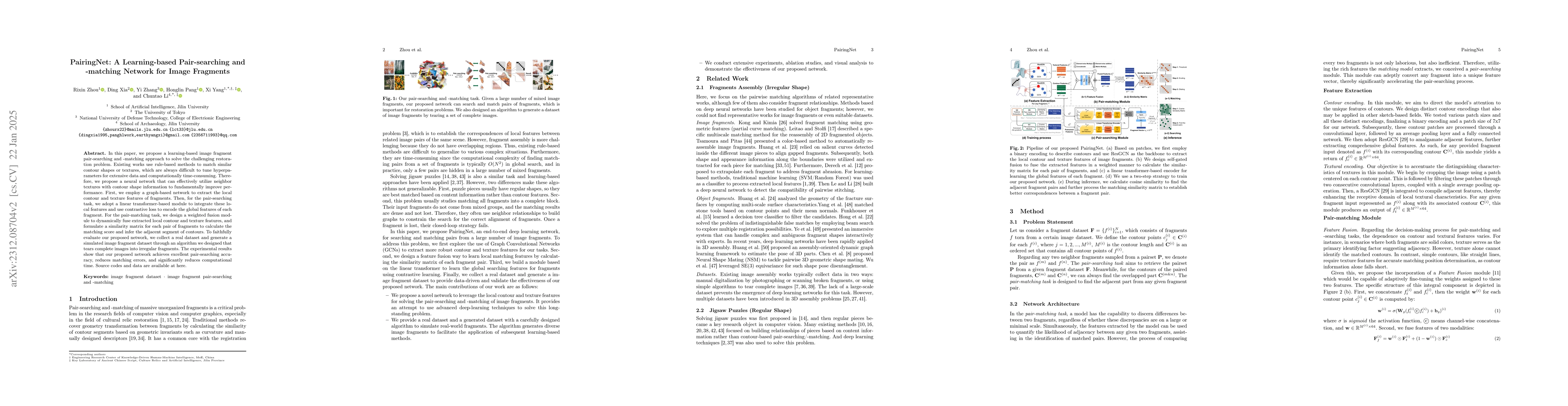 Thumbnail for PairingNet: A Learning-based Pair-searching and -matching Network for
  Image Fragments
