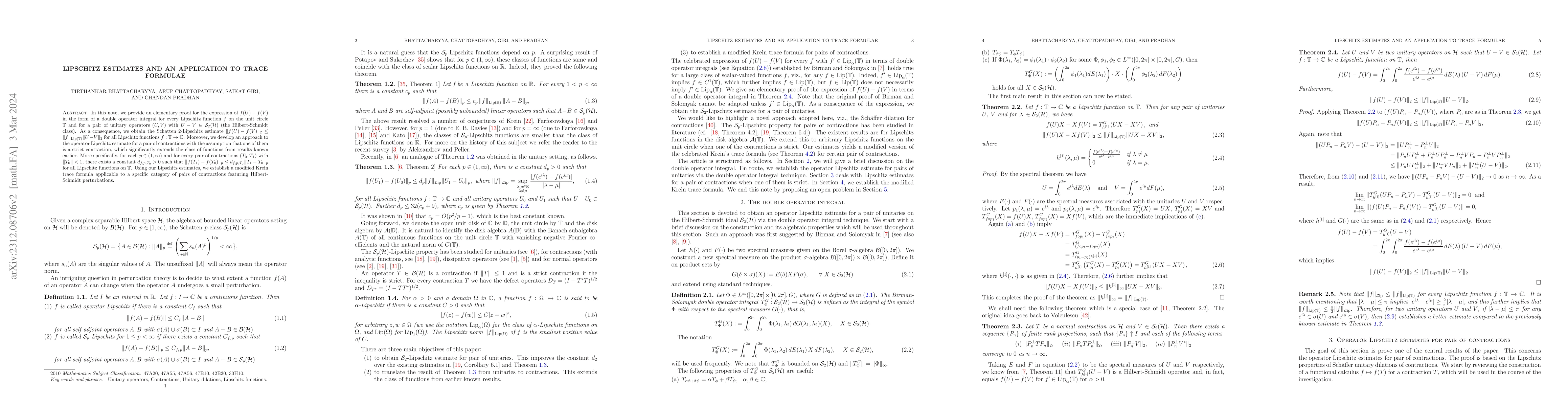 Thumbnail for Lipschitz Estimates and an application to trace formulae